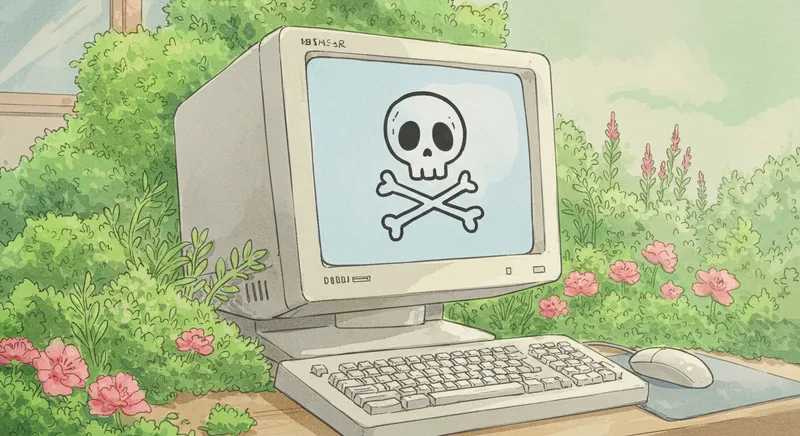 ウイルス警告と画質が劣化したPC画面。