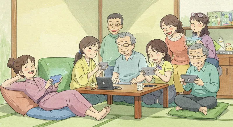 様々なデバイスで快適に動画を楽しむ笑顔の人々。