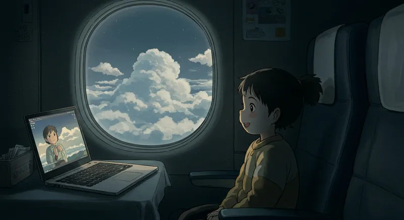飛行機内でノートPCでアニメを見る子供。