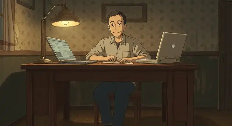 新旧のパソコンに悩む人物 (9)k